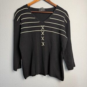 FINITY Black Striped V Neck Long Sleeve Knit Sweater Top Women's Rayon BL Size L
